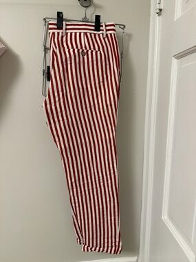 Lost in Nowhere- New Zealand - Men’s Red & White Striped Linen Chinos.